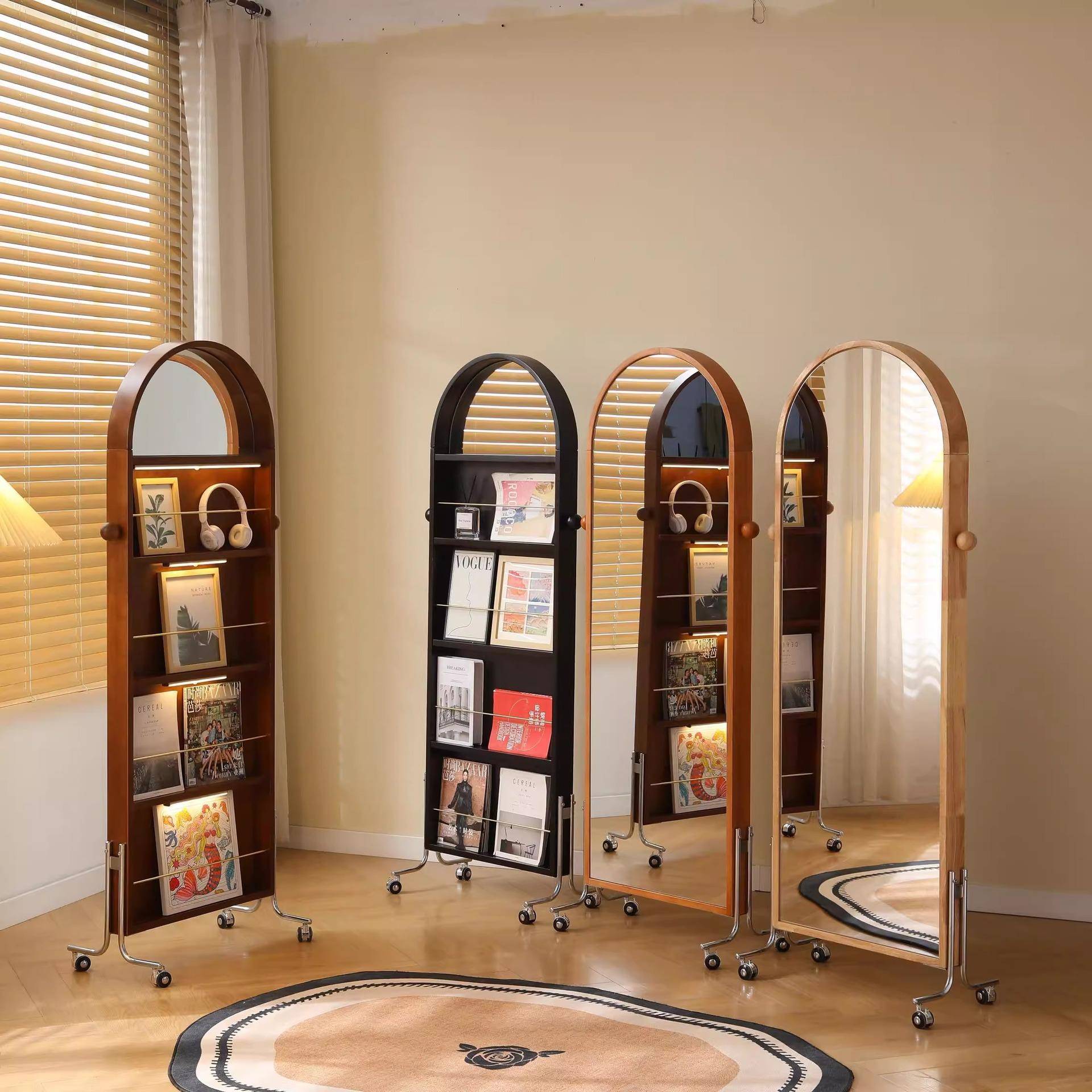 复古落地镜全身镜家用创意杂志书报置物架中古可移动实木试穿衣镜