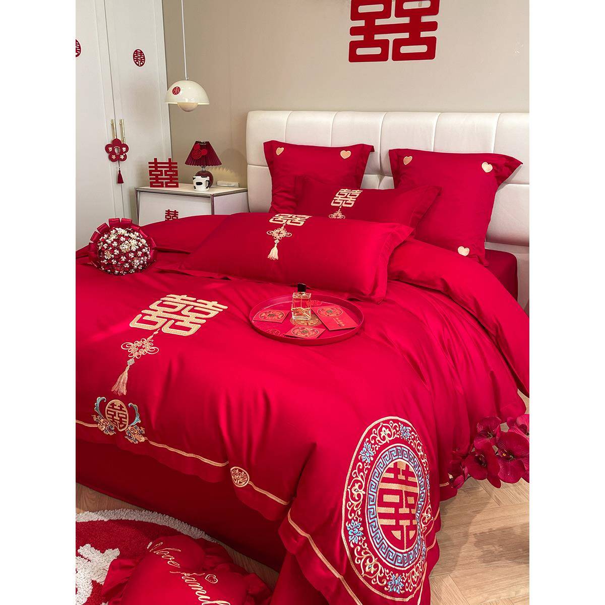 罗兰家纺结婚床上用品婚庆四件套红色婚房喜被床单被套中式套件