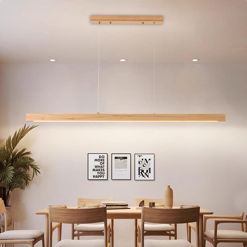 餐厅吊灯北欧轻奢原木风饭厅吧台灯现代简约木艺一字长条极简灯具