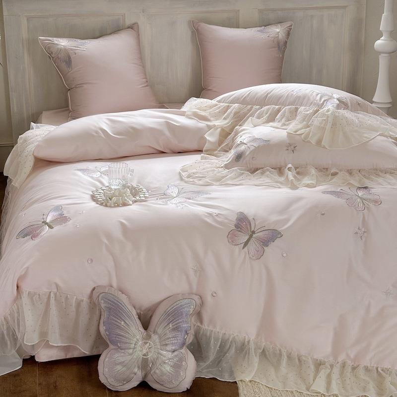 法式蝴蝶蕾丝花边100支全棉四件套贡缎长绒棉纯棉被套床上用品