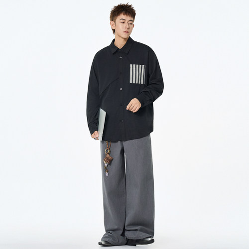 长袖衬衫男2025初秋季薄款美式个性口袋工装夹克宽松复古开衫外套