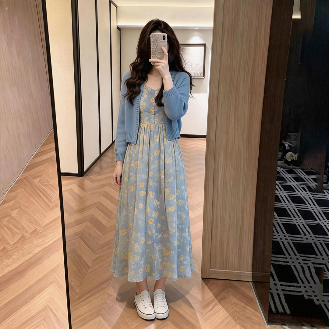 Q碎花吊带连衣裙2026收腰大摆长款A字裙温柔风气质度假风女长裙图片