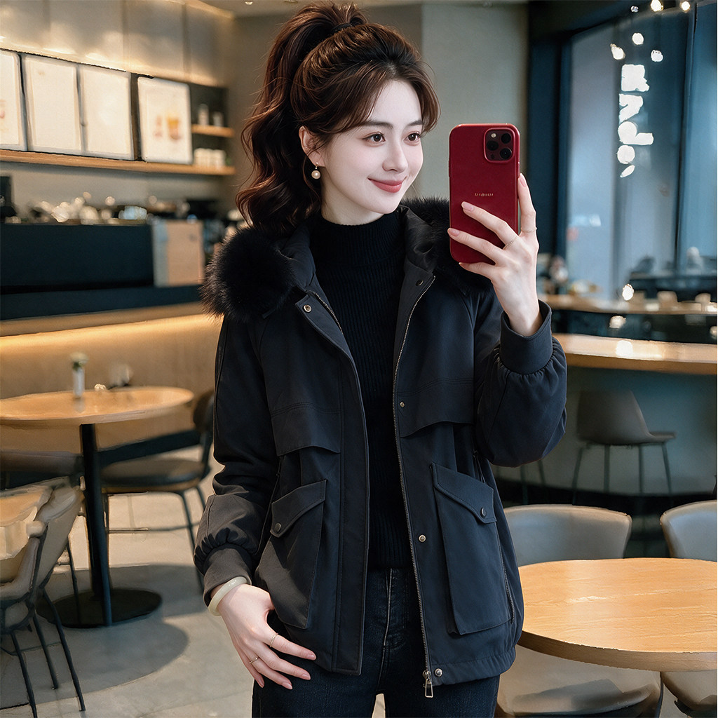 Q连帽大毛领装饰棉服女2026冬季新款多口袋简约束袖长袖外套