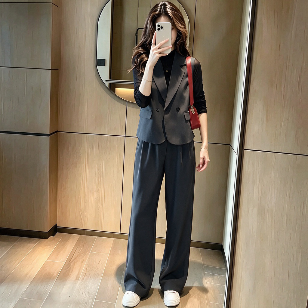 简约短款衣身套装女2026秋季新款净面坎肩搭配直筒长款裤装两件套