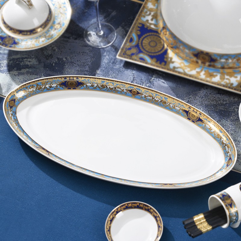 鱼盘家用蒸鱼盘子餐具骨瓷金边长型深鱼盘大号椭圆大鱼盘 长鱼盘