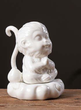精品白瓷齐天大圣孙陶瓷茶宠摆件小猴子鱼缸造景家居饰品