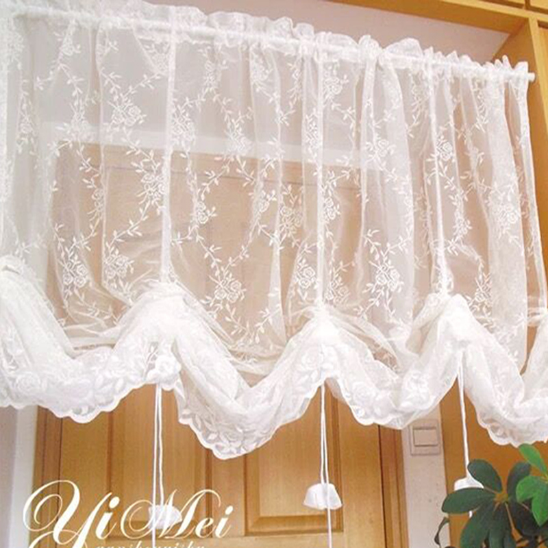 韩式小清新蕾丝纱半帘窗帘提拉气球帘纯白罗马帘卧室门帘厨房隔断