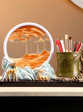 流沙画沙漏笔筒学生办公室书房文具收纳现代时尚摆件送礼装饰品