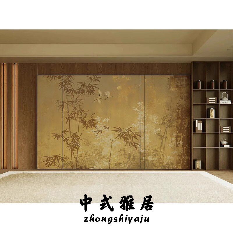 中式竹林金箔壁纸轻奢茶室背景墙布卧室客厅餐厅环保壁画防潮贴画