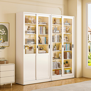 家用钢制书柜推拉移门防尘书架奶油风铁艺收纳储物柜玻璃展示柜子