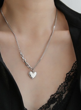 不掉色银色爱心不对称项链女夏百搭锁骨链吊坠小众2021年新款七夕