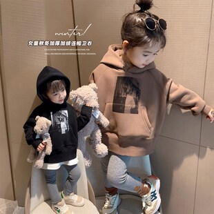 女童连帽卫衣洋气网红秋冬新款加绒加厚儿童宝宝韩版卡通上衣外套