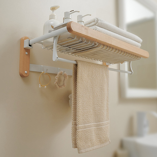 法式奶油风折叠浴巾架网篮洗手间收纳卫生间毛巾杆挂钩原木实木制