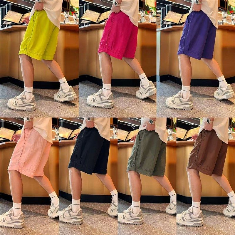 工装休闲风拉链装饰炸街时尚纯色松紧腰抽绳夏季日常百搭薄款短裤,男装,短裤,淘宝优惠券,粉丝福利购,淘宝优惠卷