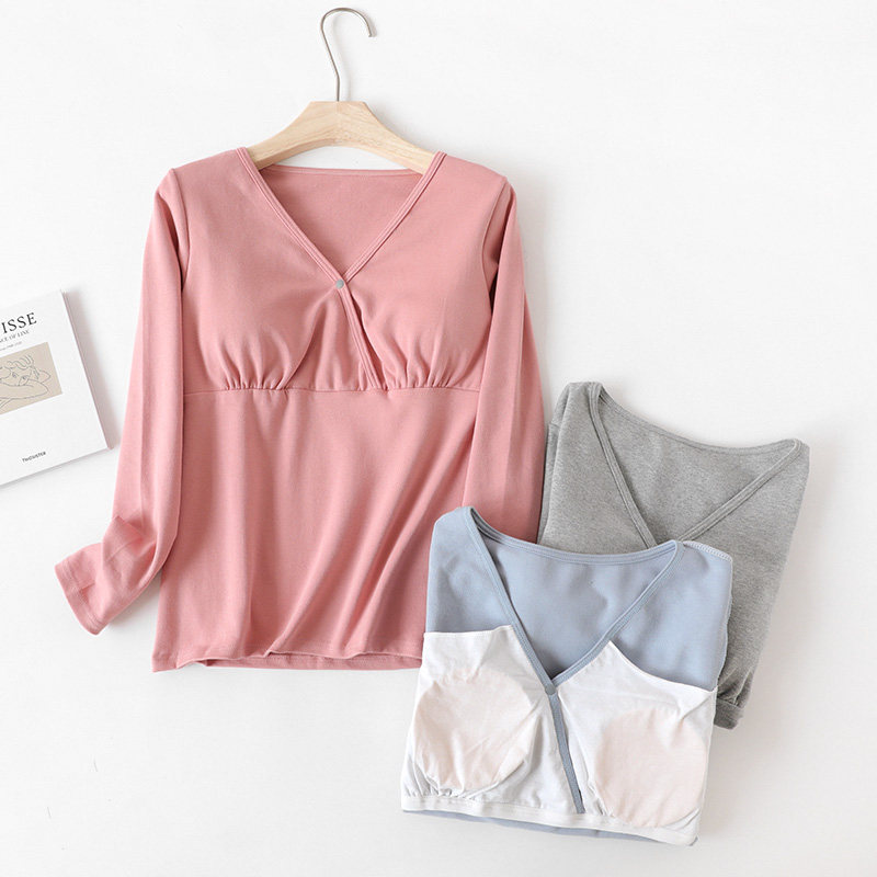带胸垫哺乳上衣长袖打底衫月子服哺乳衣/月子服