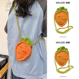 夏季多巴胺迷你斜挎手机小包包女童2024新款可爱胡萝卜毛线编织包