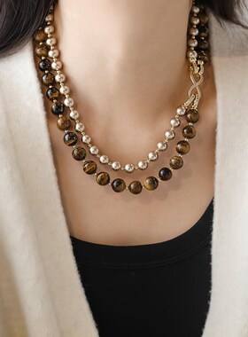 高品质~美拉德天然虎眼石金棕珍珠双层项链女毛衣链多种戴法配饰