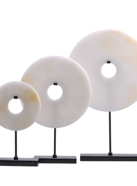 新中式样板房摆件家居客厅软装饰品大理石金属玉石平安扣玉扣摆设