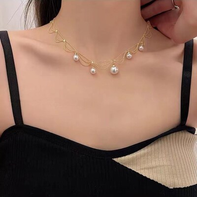 金色多层珍珠项链女小众设计感锁骨链高级感气质颈链夏季脖子配饰