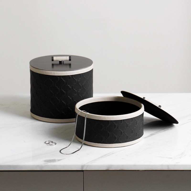 简约现样板间编织纹皮质首饰盒轻奢圆形装饰品收纳盒衣帽间摆件