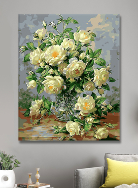 手cision数字油idiy油彩画客厅抽象花卉名画画工绘填色画白色玫瑰