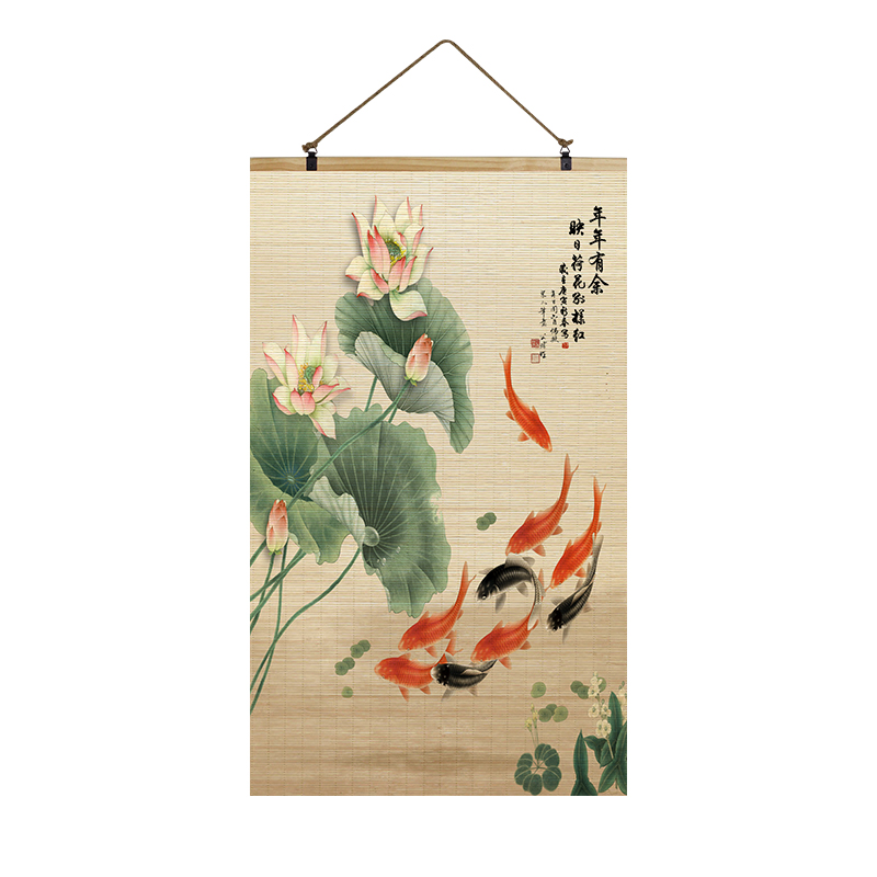 竹帘片卷轴挂画荷花复古新中式荷花韵画客厅玄关茶室沙发背景装饰图片