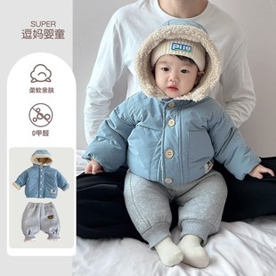 婴儿冬天衣服宝宝棉衣套装超韩洋气周岁男宝加绒加厚上衣卫裤分体