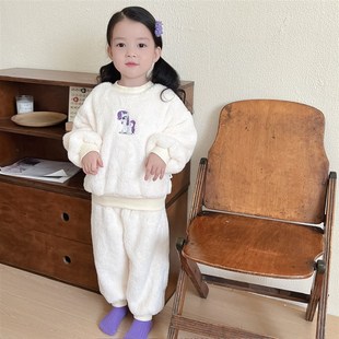 超暖和~儿童法兰绒家居服女童圆领套头睡衣套装男宝宝居家外出服