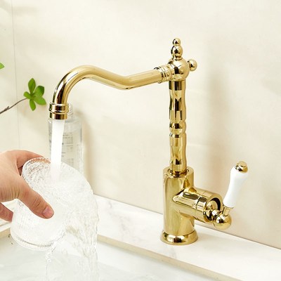 法式复古水龙头全铜面盆洗手盆龙头古典浴室金色陶瓷把手冷热水头