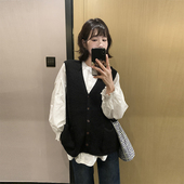 宽松慵懒风毛衣背心 春秋新款 孕妇韩版 v领双口袋针织马甲开衫