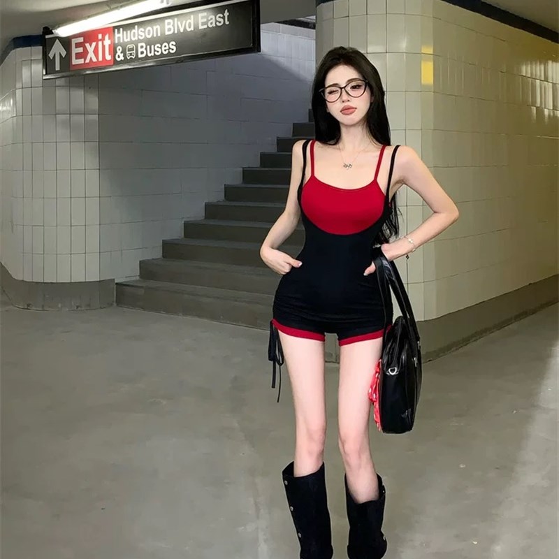 辣妹吊带连体裤外穿打底裤黑色裤子运动健身休闲连体泳衣女带胸垫