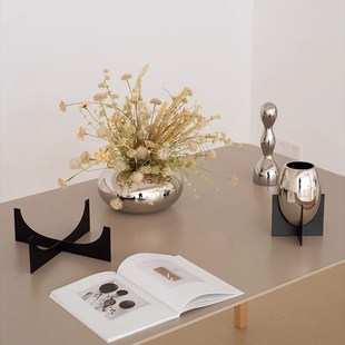 铝制银色镜面金属支架花器花瓶摆件样板间客厅几何装饰品