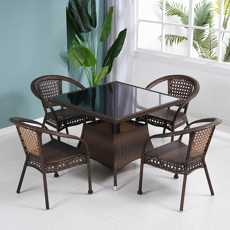 藤编茶几庭院正方形休闲茶台四方大桌子户外钢化玻璃喝茶桌椅组合