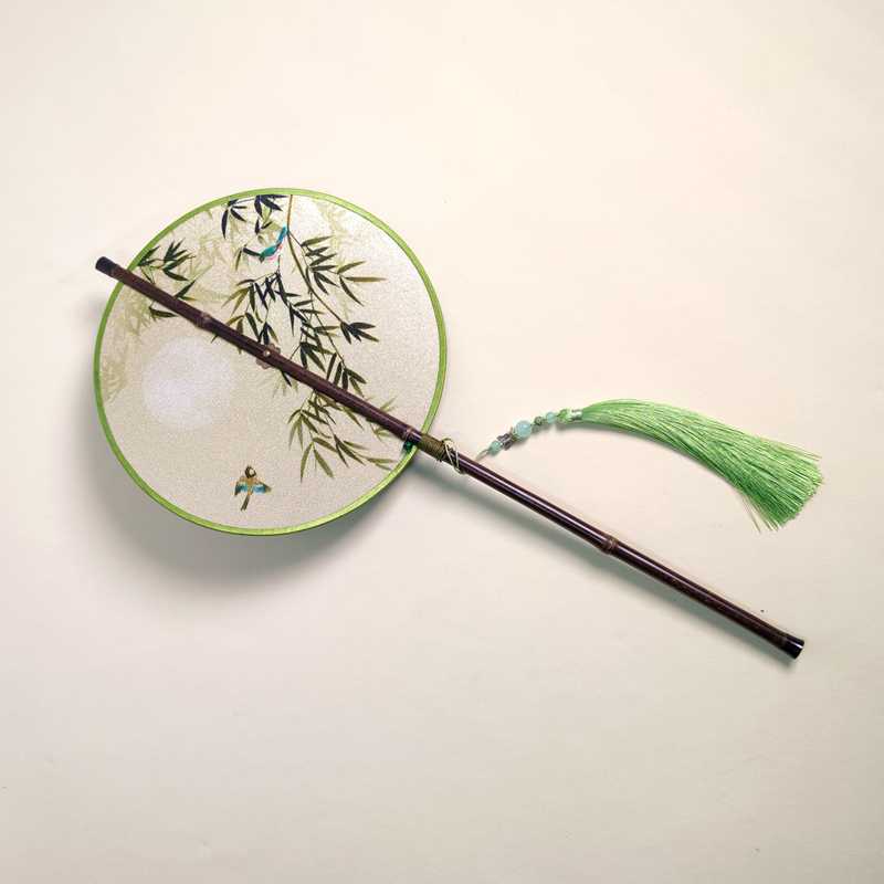 汉服团扇竹叶鸟可旋转折叠卷曲腰扇卷帘式定制复古中式国风复原款