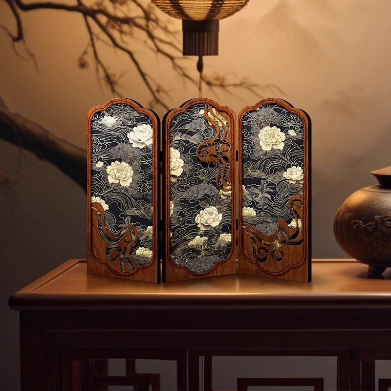 中国风桌面屏风摆画古风客厅折叠边柜装饰摆件创意牡丹礼品礼物图片