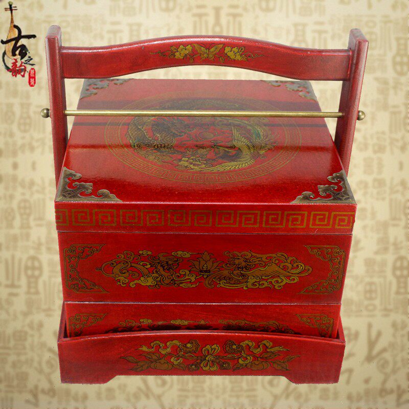 仿古食盒中式饭盒木质喜事结婚庆陪嫁复古装道具送餐手提篮多层