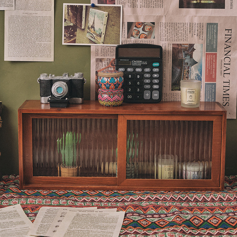 收纳实木展示柜桌面品收纳盒子整理盒复古推拉,收纳整理,桌面收纳盒,淘宝优惠券,粉丝福利购,淘宝优惠卷