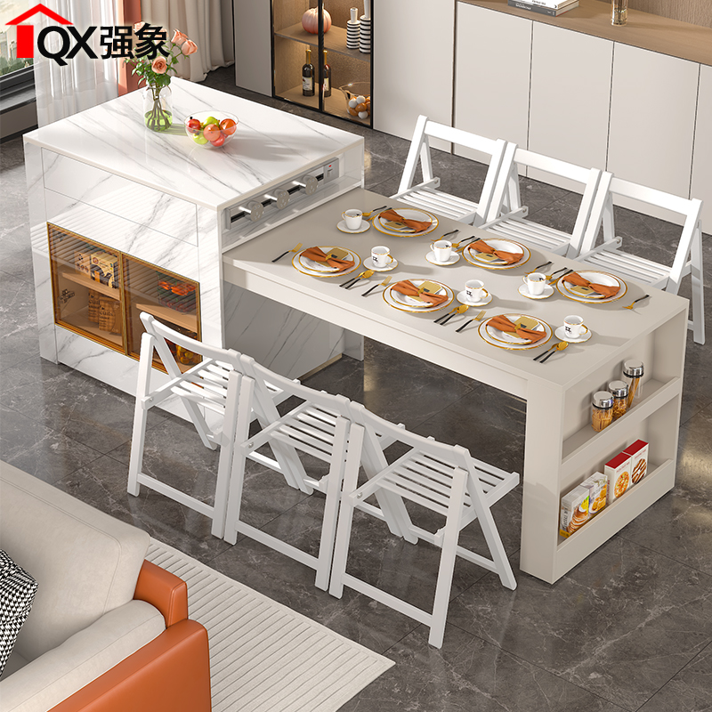 岛台餐桌一体可伸缩家用小户型多功能现代简约岩板厨房吧台桌E37