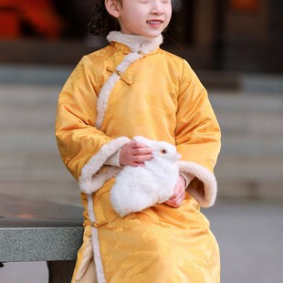 叙罗儿童旗袍长款冬季唐装女童新年战袍国风拜年服女孩过年服长袍
