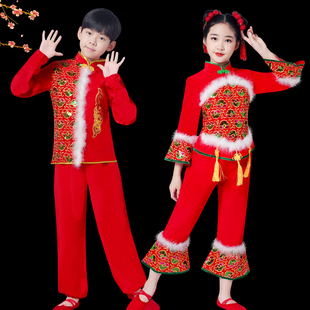 新款儿童秧歌演出服元旦喜庆开门红民族扇子表演服女童腰鼓舞蹈服