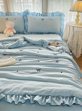 ns少女心蓝色刺绣蝴蝶结夏凉被可机洗花边薄被子被芯