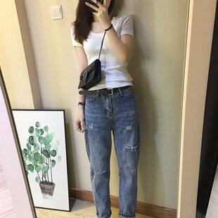 破洞牛仔裤女夏季薄款宽松乞丐九分裤浅色网红老爹裤高腰显瘦直筒