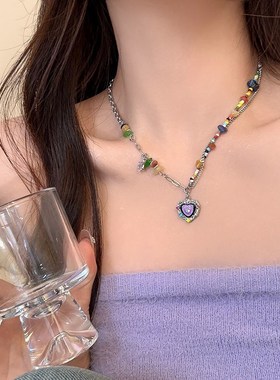 彩色项链~ 七彩石爱心滴釉项链套装女夏季新小众甜酷辣妹锁骨链潮
