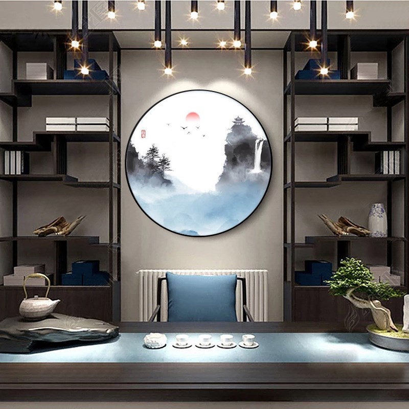 新中式入户玄关装饰画圆形禅意挂画客厅水墨山水风景茶室一叶之舟图片