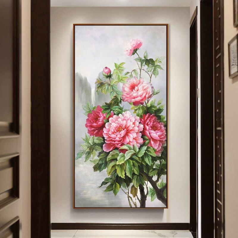 牡丹花入户玄关装饰画竖版新中式走廊过道挂画花开富贵客厅墙壁画图片