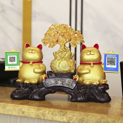 创意招财猫金色摆件店铺收银台发财装饰二维码新店开张送礼物
