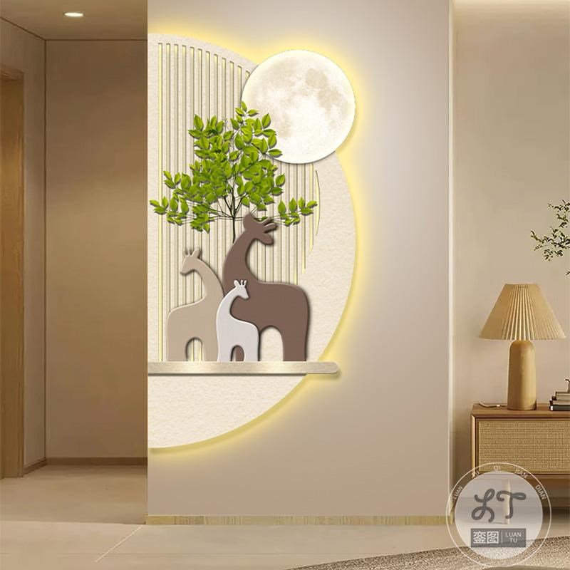 玄关装饰画进门正对门墙画大象绿植月球灯画客厅走廊过道LED灯画图片