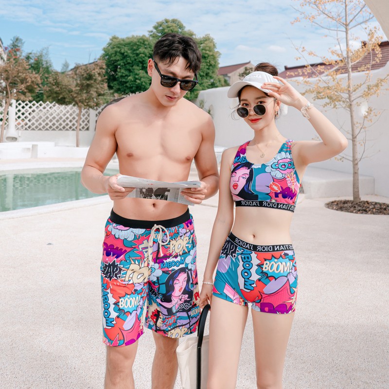 情侣分体式泳衣女三件套连帽平角保守聚拢显瘦男士沙滩裤温泉泳装