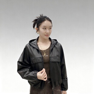 初晓2025年秋季法式欧美风皮衣时尚连帽抽绳 黑色 油蜡棕 3693-2