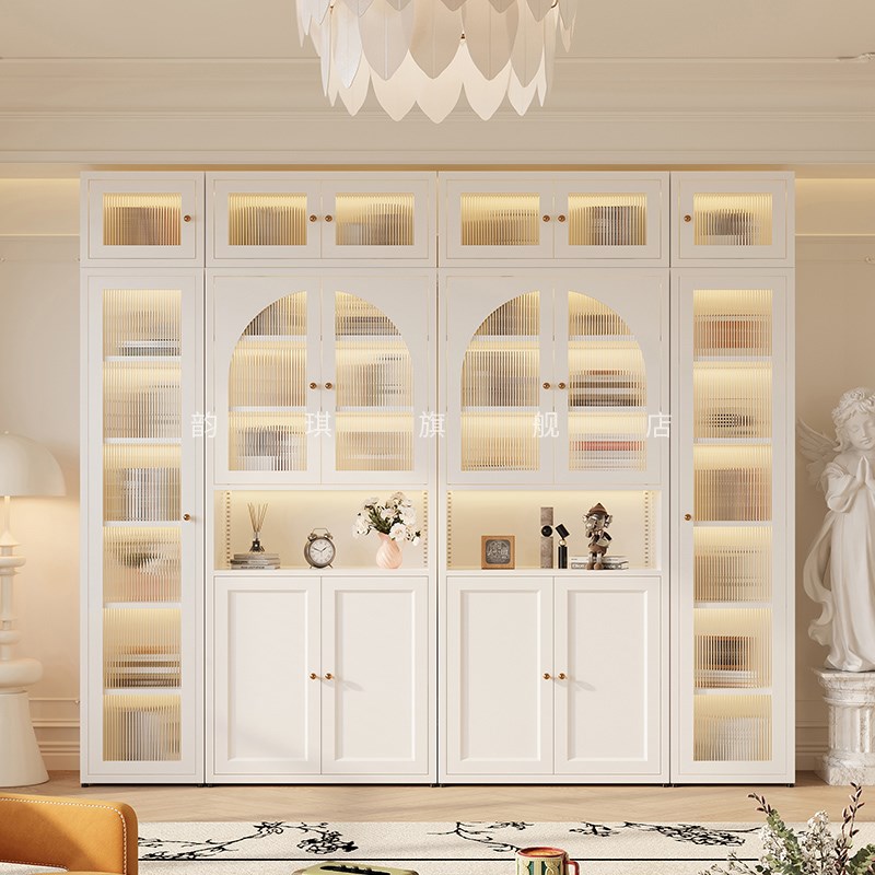 家用满墙书柜书架法式现代简约玻璃门收纳储物柜组合落地展示柜子